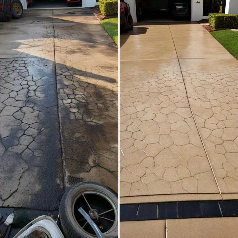 Dramatic transformation of a dirty driveway in Westlake Hill TX after professional cleaning